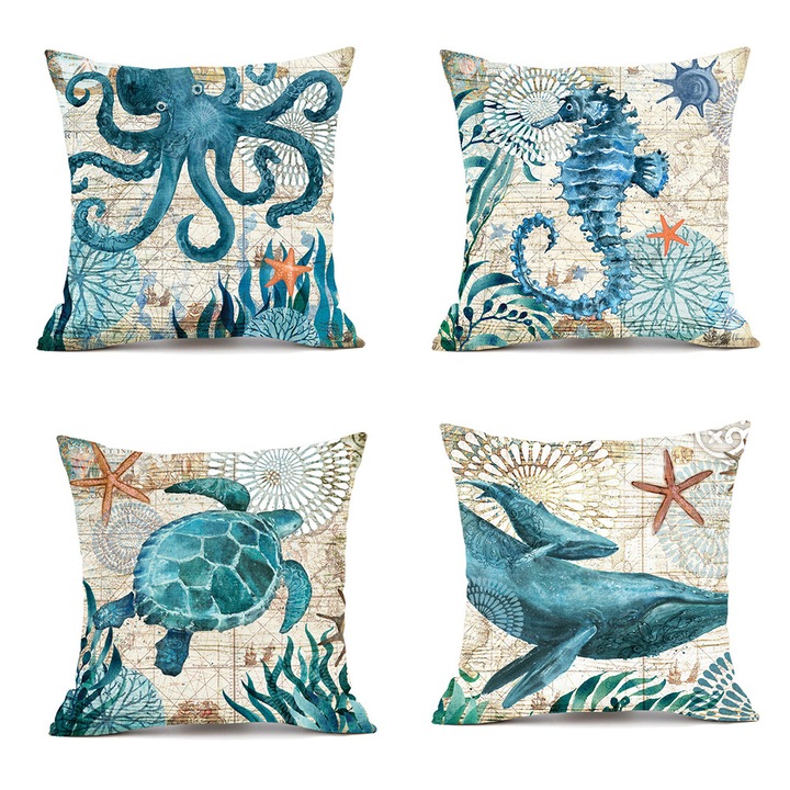 Set de 4 huse pentru perne 45x45cm, tema oceanica albastra, textil din in, senzatie moale si confortabila