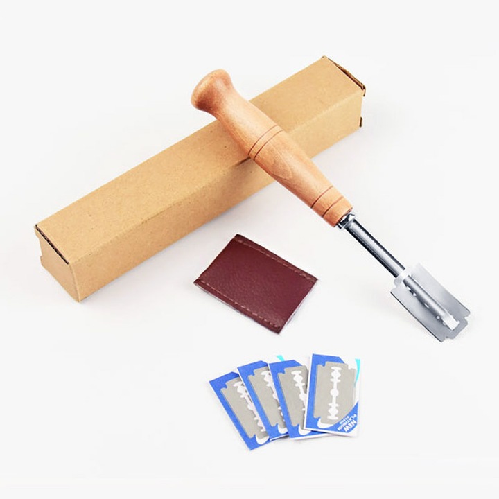 Feliator manual pentru paine, 4 lame, maner din lemn, instrument de taiere al aluatului, cu husa din piele