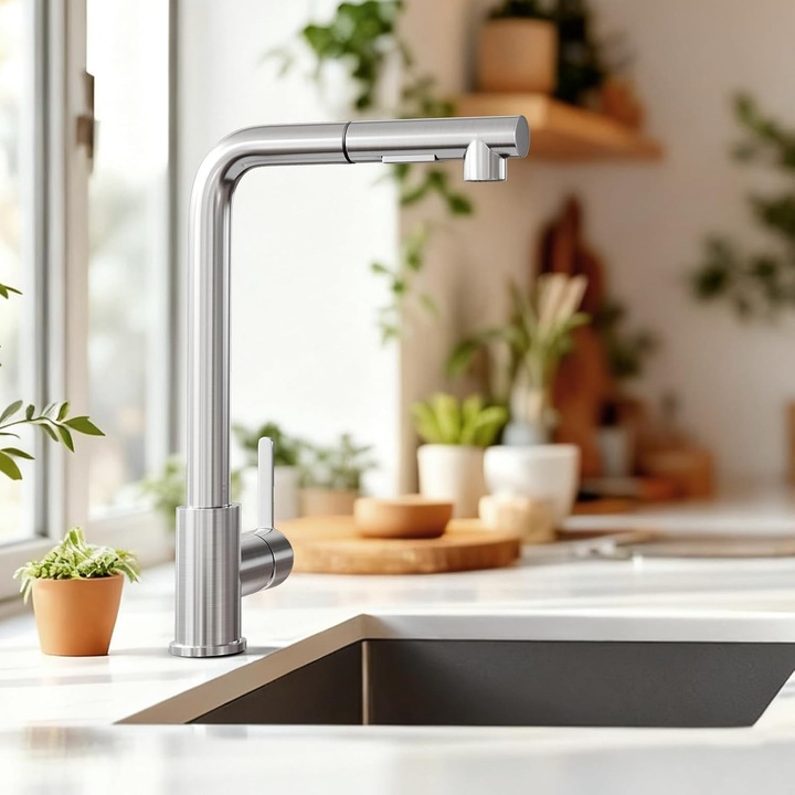 Bedee® konyhai csaptelep, egy- vagy kétmedencés mosogatókhoz, maximum 40 cm hosszúság, ABS perlátorral, öregedés- és nagynyomásálló, 304 rozsdamentes acél, 360°-ban forgatható, akár 200 ℃ hőmérsékletig, matt felület