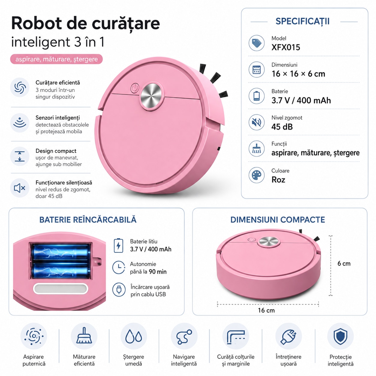 Aspirator robot, XLY, 3 in 1, curatare automata, pentru podele dure, roz