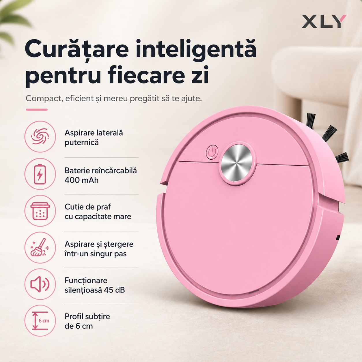 Aspirator robot, XLY, 3 in 1, curatare automata, pentru podele dure, roz