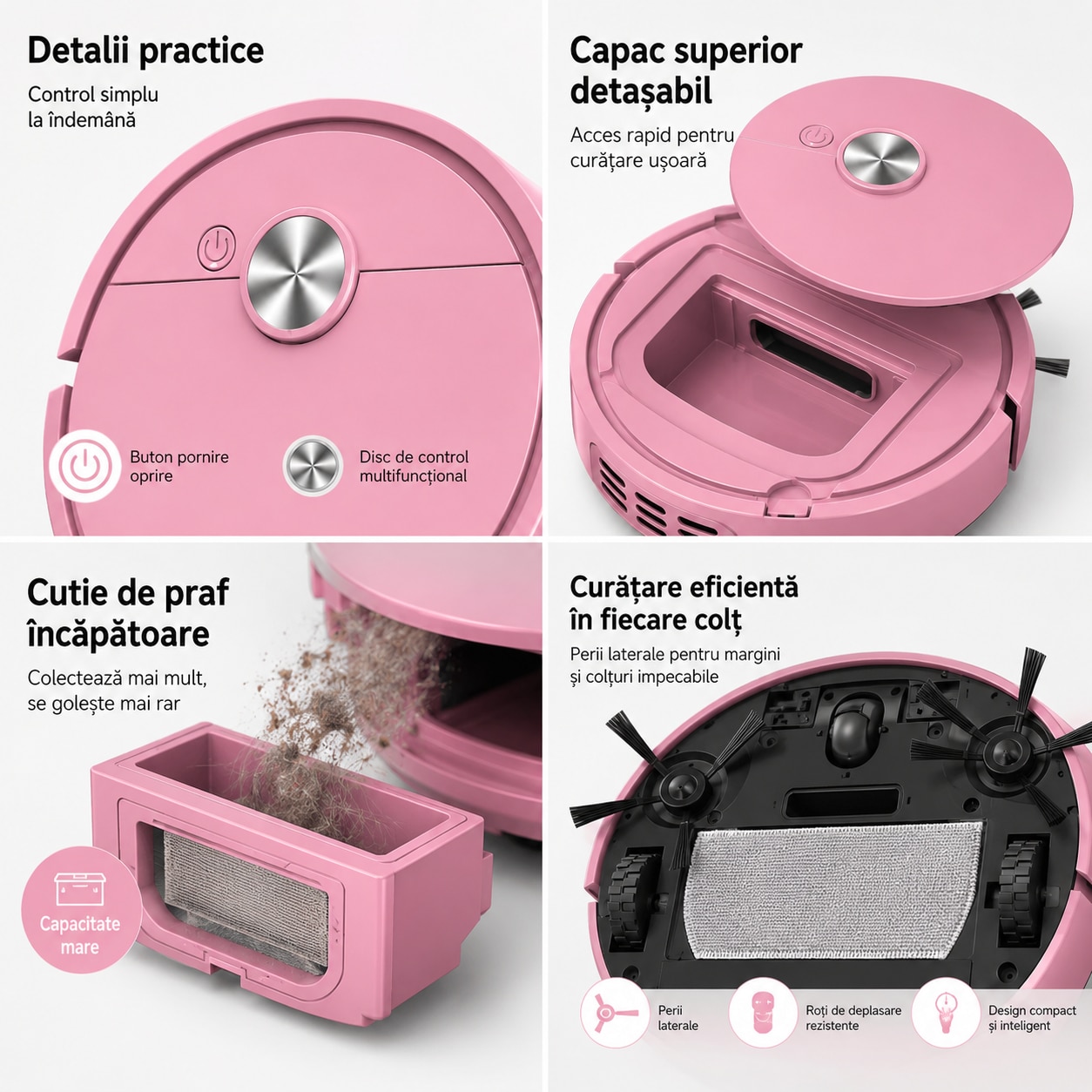 Aspirator robot, XLY, 3 in 1, curatare automata, pentru podele dure, roz