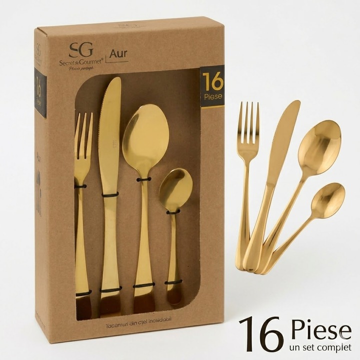 Set tacamuri 16 piese Atmosphera, Finisaj lucios, Pentru 4 persoane, Ambalate individual,17x6.5x28 cm, Otel inoxidabil auriu, Design elegant, Culoare auriu