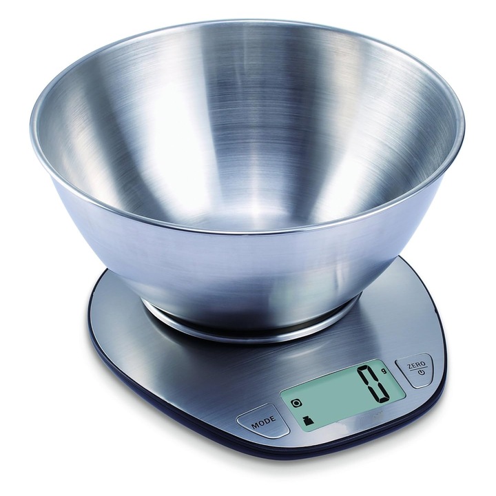 Cantar de bucatarie electronic, capacitate 5 kg, display LCD mare, bol din otel inoxidabil, 19.5x17.8x3.8cm