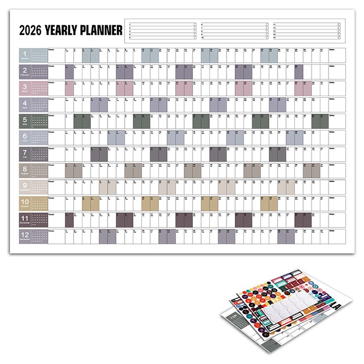 Agenda anuala 2026, planificator de perete, 365 zile, set multicolor