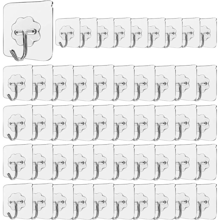 Set 50 suporturi autoadezive transparente pentru perete, rezistente la apa si ulei, capacitate maxima 10 kg