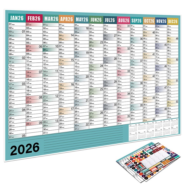 Agenda anuala 2026, planificator de perete, 365 zile, set multicolor