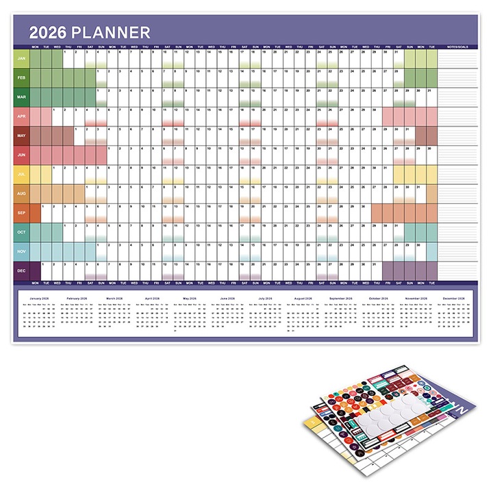 Agenda anuala 2026, planificator de perete, 365 zile, multicolor