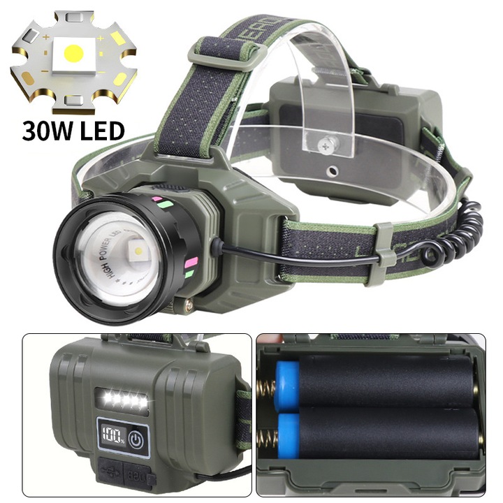 Lanterna LED reincarcabila, 30W, 5 LED-uri albe, 2 LED-uri rosii, zoom telescopic, dimensiuni 6.5x4.5x4.5cm