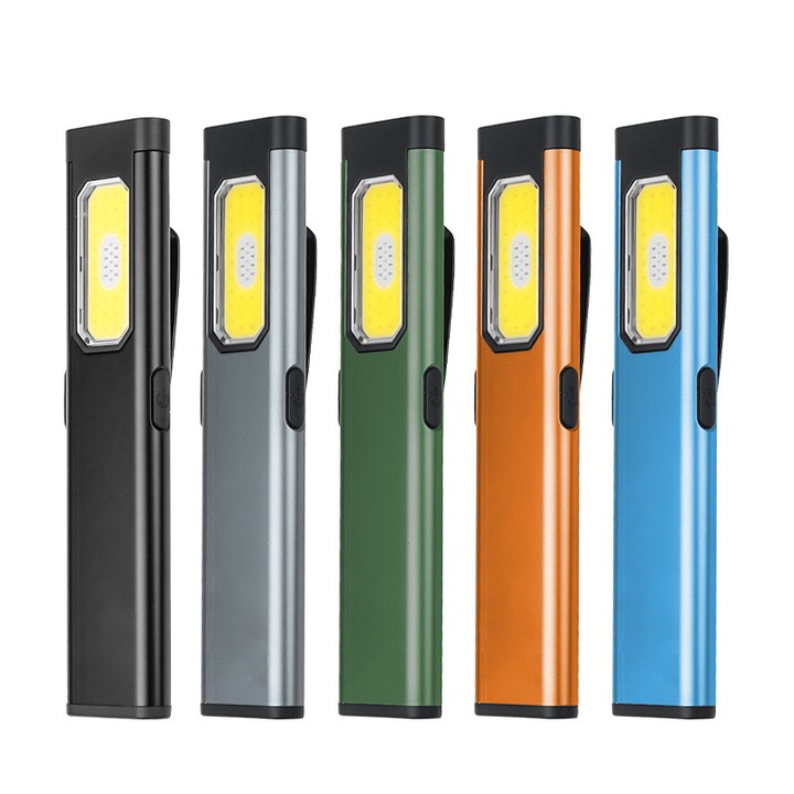 Lanterna portabila COB LED, USB, cu magnet si clip, 5 culori, dimensiuni 11.1x2.5x0.7cm