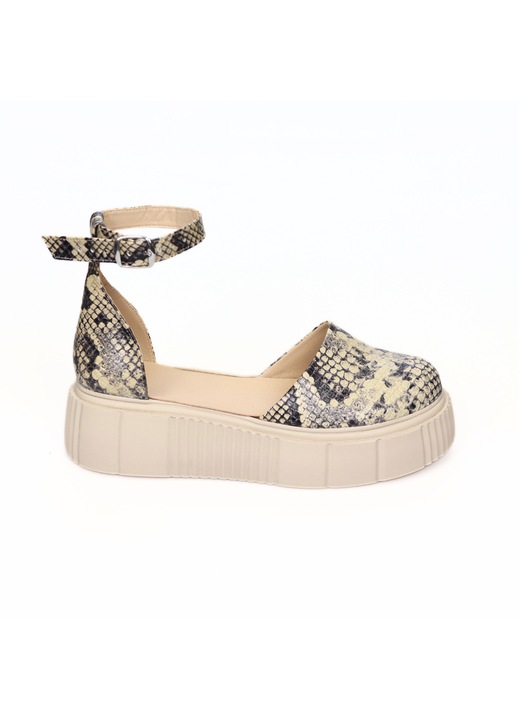 Sandale Inchise in Fata cu Platforma si Catarama, Talpa Usoara, Piele Naturala, Mateo Shoes, Bej inchis