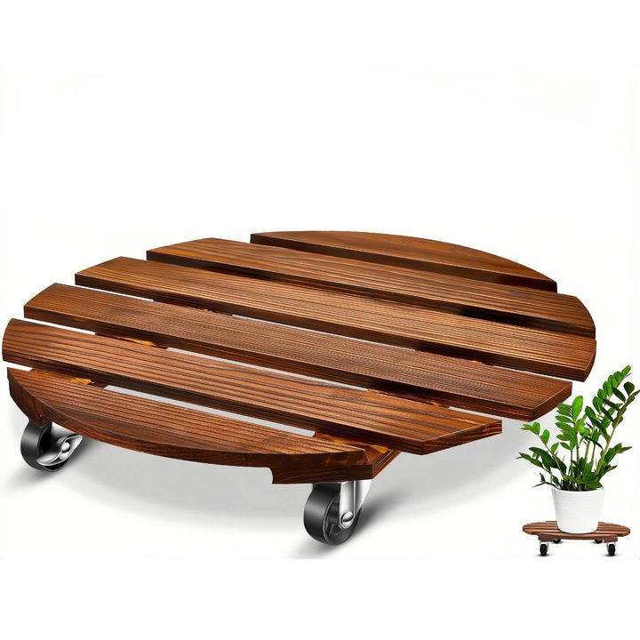 Suport de plante din lemn, set de 2, circular, 30x30x7.5cm, cu roti, stil modern