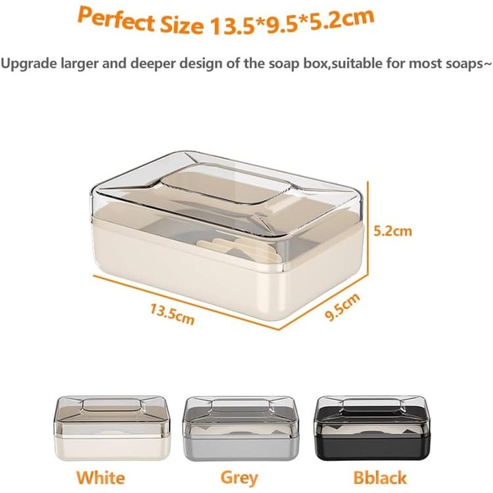 Suport de sapun cu capac, dublu strat, design transparent, 13.5x9.5x5.2cm, pentru acasa si activitati in aer liber