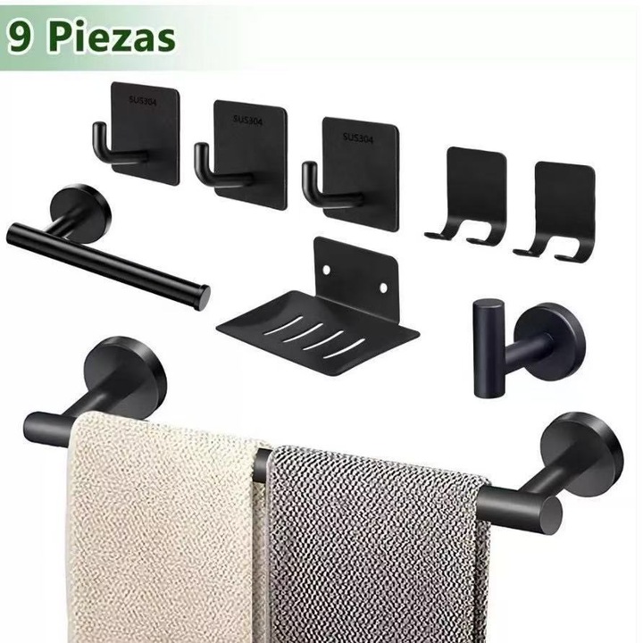 Set accesorii baie 9 piese, otel inoxidabil 304, negru