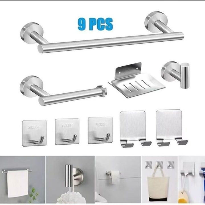 Set accesorii baie 9 piese, otel inoxidabil 304, argintiu