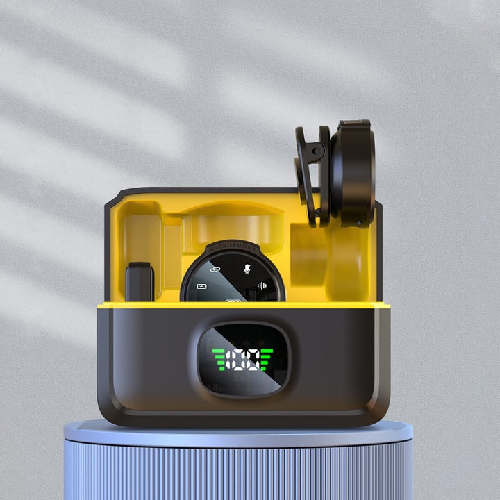 Microfon wireless mini cu calitate studio, 30 ore autonomie, 130ft raza, anulare zgomot, portabil.