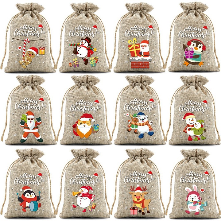 Sacii de cadou de Craciun, set, jute si bumbac, diverse modele, maro, 30x40cm