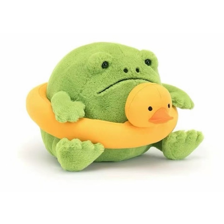 Jucarie de plus broasca cu inel de inot, design amuzant, material moale, 30x25cm