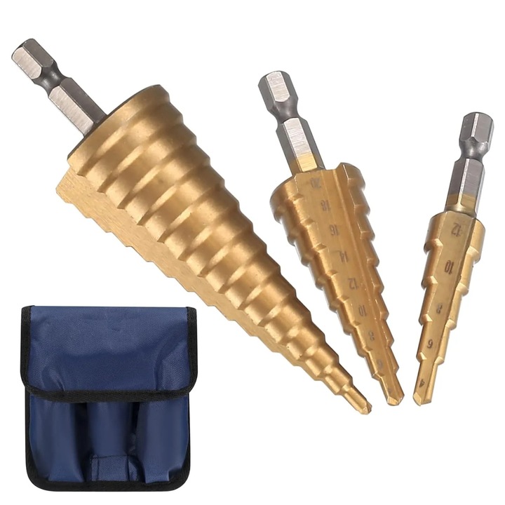 Set de burghie in trepte, 3 piese, 4-12/20/32mm, pentru metale, otel si lemn