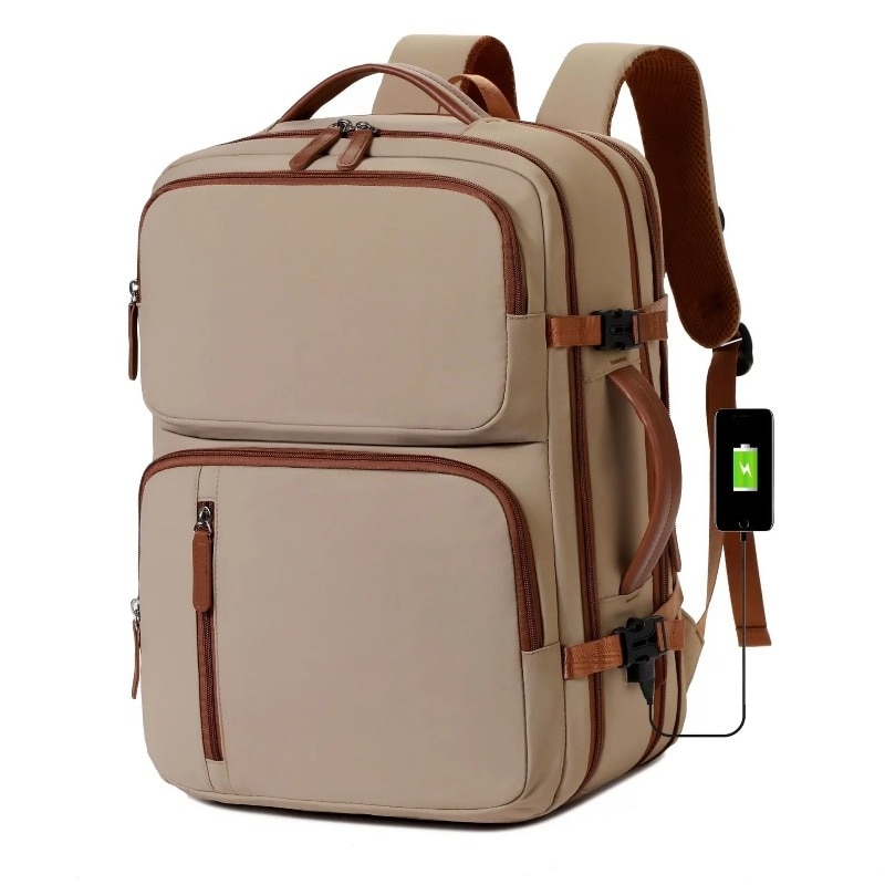 Rucsac laptop unisex, extensibil, impermeabil, bej, 45x31x22cm, capacitate 20-35L