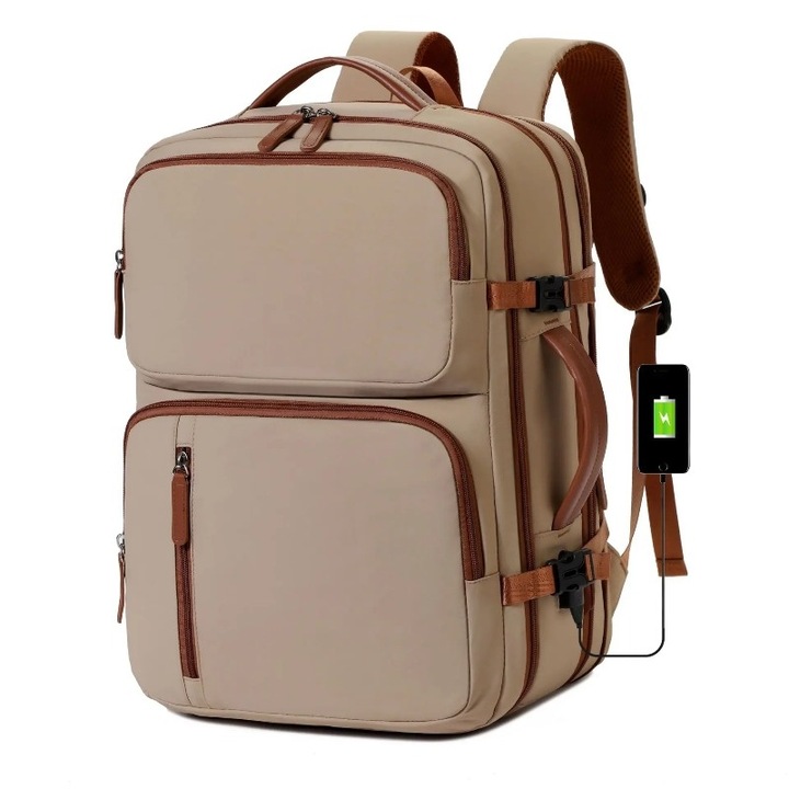 Rucsac laptop unisex, extensibil, impermeabil, bej, 45x31x22cm, capacitate 20-35L