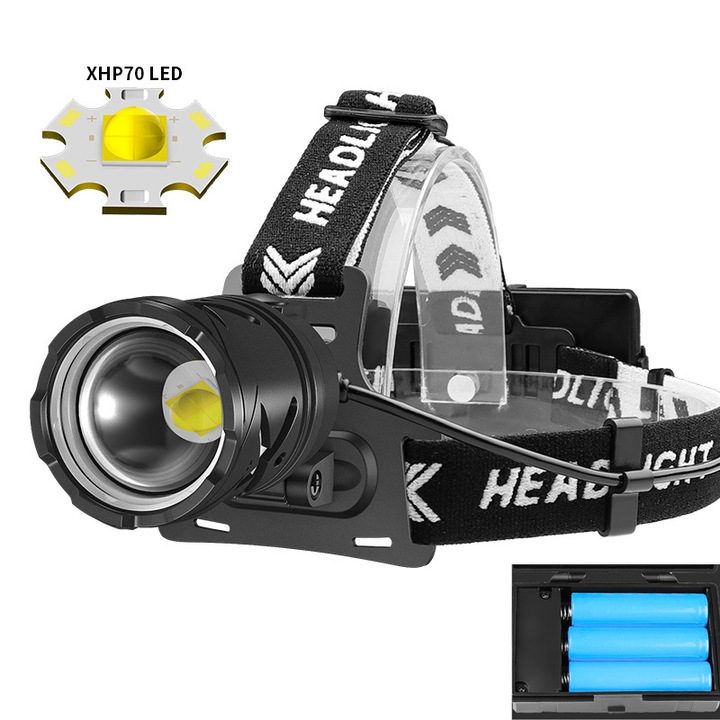 Lanterna LED XHP70, 30W, 1200-1500 lumeni, zoom telescopic, impermeabil, dimensiuni 6.5x4.5x3.5cm, set cu cablu USB