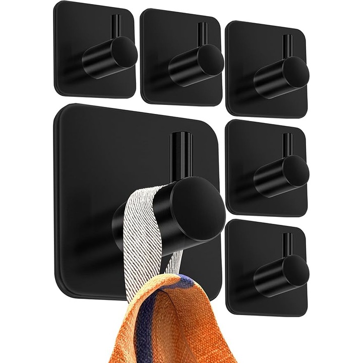 Set suporturi autoadezive pentru prosoape, 6 bucati, negru, capacitate de incarcare mare