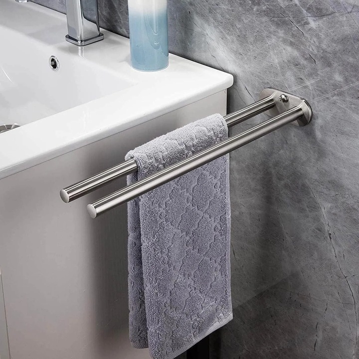 Suport prosoape dublu din otel inoxidabil, montat pe perete, argintiu, design modern, pentru baie si bucatarie