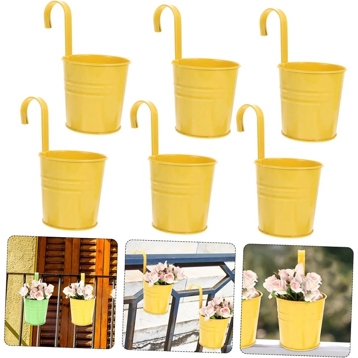 Set de 6 ghivece metalice galbene suspendate, 10x10cm, cu carlige detasabile