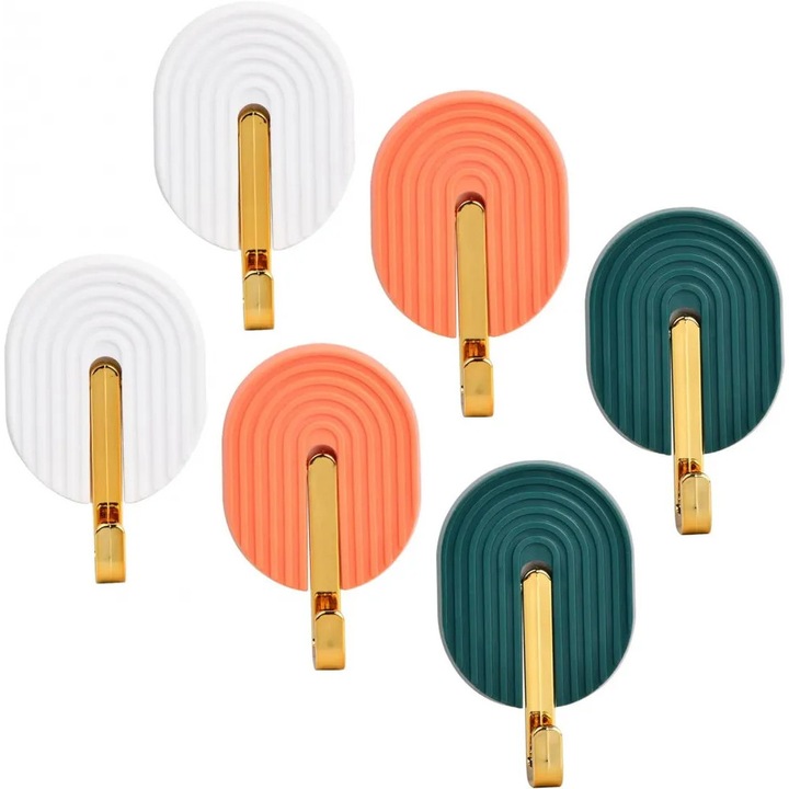 Set 6 suporturi adezive pentru perete, diverse culori, plastic ABS, rezistente la apa, pentru baie si bucatarie