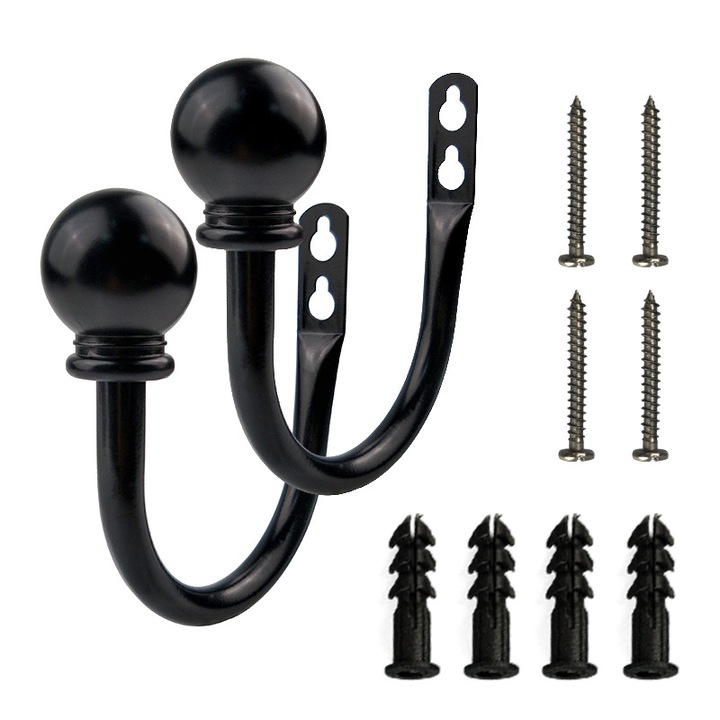 Clema pentru perdele din metal, design retro, neagra, set de 2, 11x10.4cm