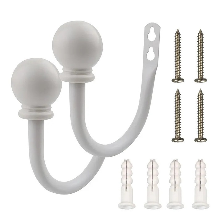 Clema pentru perdele din metal, design retro, alb, set de 2, 11x10.4cm