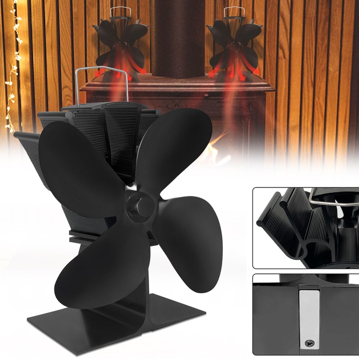 Ventilator pentru soba, 4 palete, functionare silentioasa, controlat de temperatura, albastru, 19x10x14cm