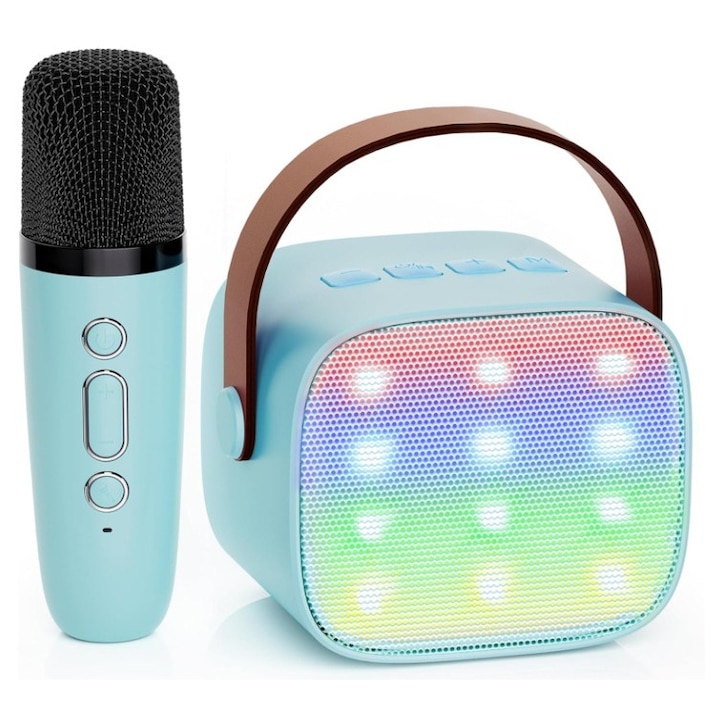 Мини караоке машина, преносима, Bluetooth 5.3 високоговорител, комплект с 2 безжични микрофона, за партита, 1200mAh, син