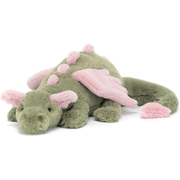 Jucarie de plus dragon dragut, verde matcha cu aripi roz, umplutura din bumbac PP, 30x20cm, set de confort pentru copii