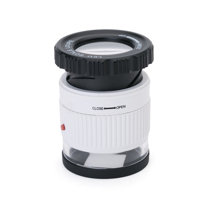 Lupa portabila cu LED, 10x, 3 lumini LED si 3 lumini UV, dimensiuni compacte, alb-negru