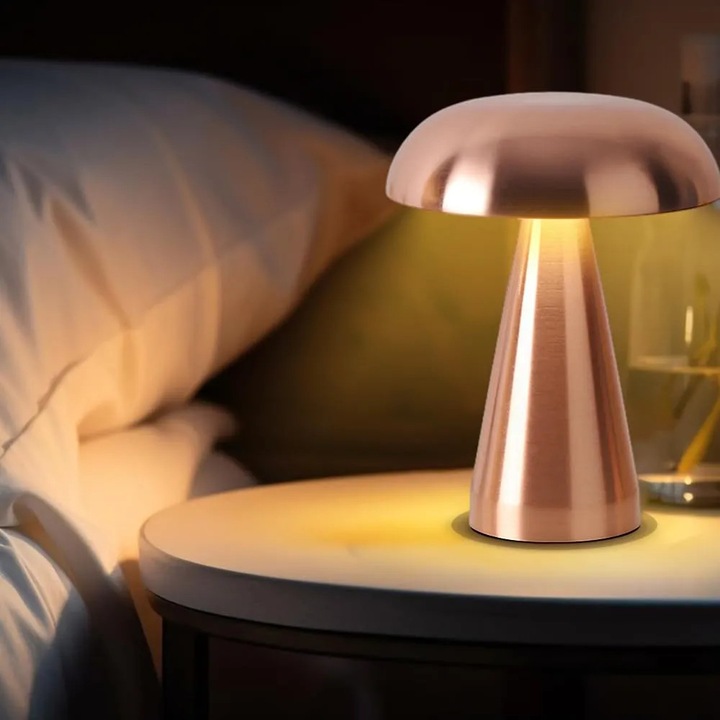 Veioza metalica cu forma de ciuperca, dimensiuni 155x80x205mm, alimentare prin baterie, 3 temperaturi de culoare, set.