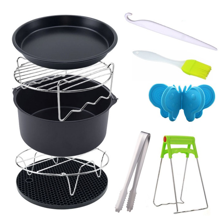 Set accesorii pentru friteuza cu aer, 10 piese, tava pentru pizza, 18x18cm, multicolor