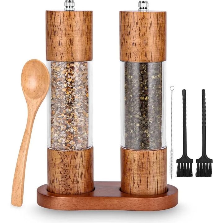 Set rasnite condimente din lemn, 21.5x5.2cm, mecanism ceramic, cu suport si lingura