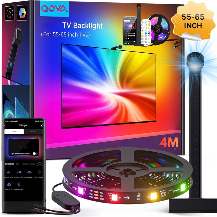 Banda LED RGBIC inteligenta pentru TV 55-65 inch, Qova®, cu Camera HD 1080P cu Senzor de culoare, Sincronizare Culori, Control prin Aplicatie + Telecomanda, 16 Milioane Culori, Music Sync, 4Metri cu 120 LED-uri, Iluminare Ambientala Smart