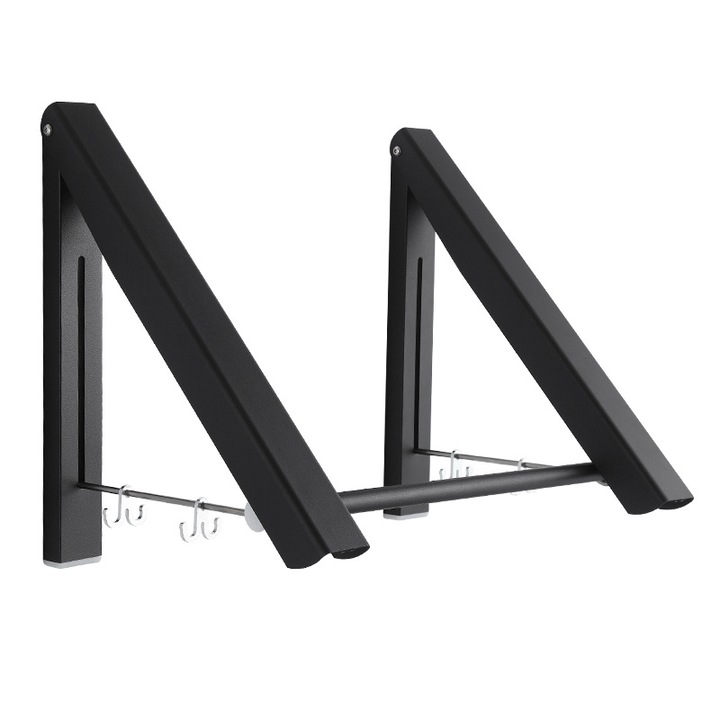 Umeras pentru haine pliabil, design triunghiular, aluminiu, negru, montare pe perete