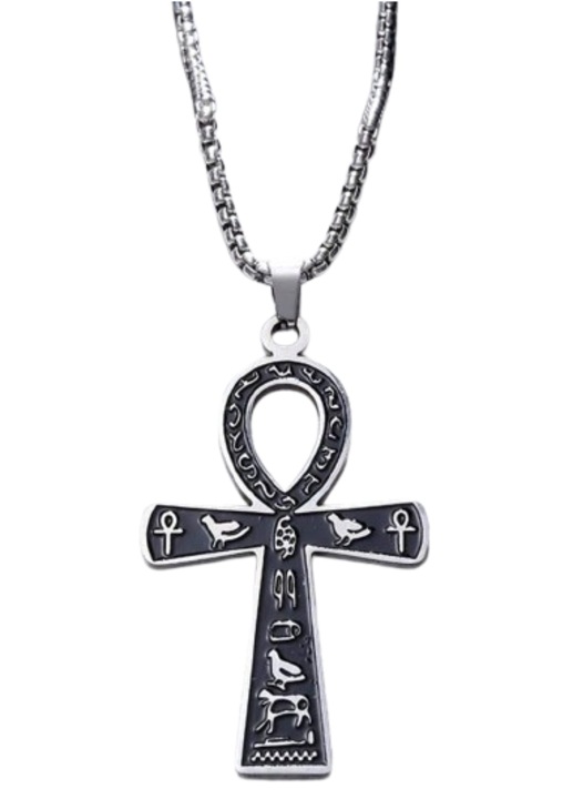 Colier metalic cu pandantiv Ankh, argintiu, inox, 60cm