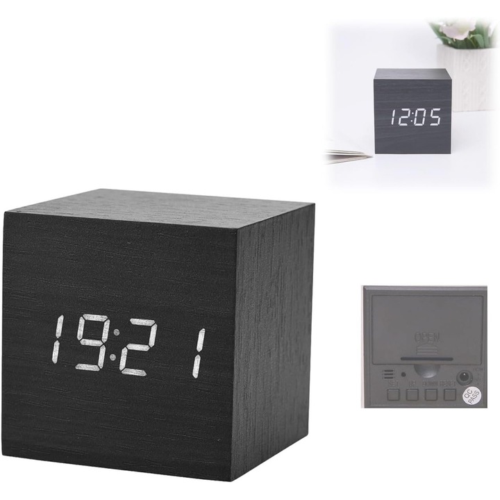 Ceas de alarma din lemn, digital, 6x6x6cm, afisare timp si temperatura, negru, cu iluminare LED