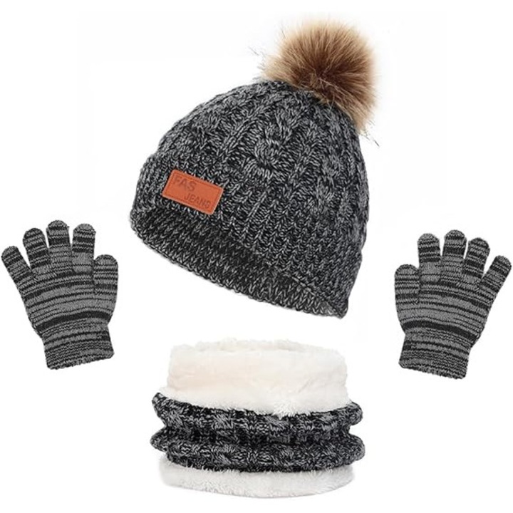 Set de iarna pentru copii, caciula cu pompon, fular rotund captusit, manusi tricotate, negru si alb, 2-7 ani