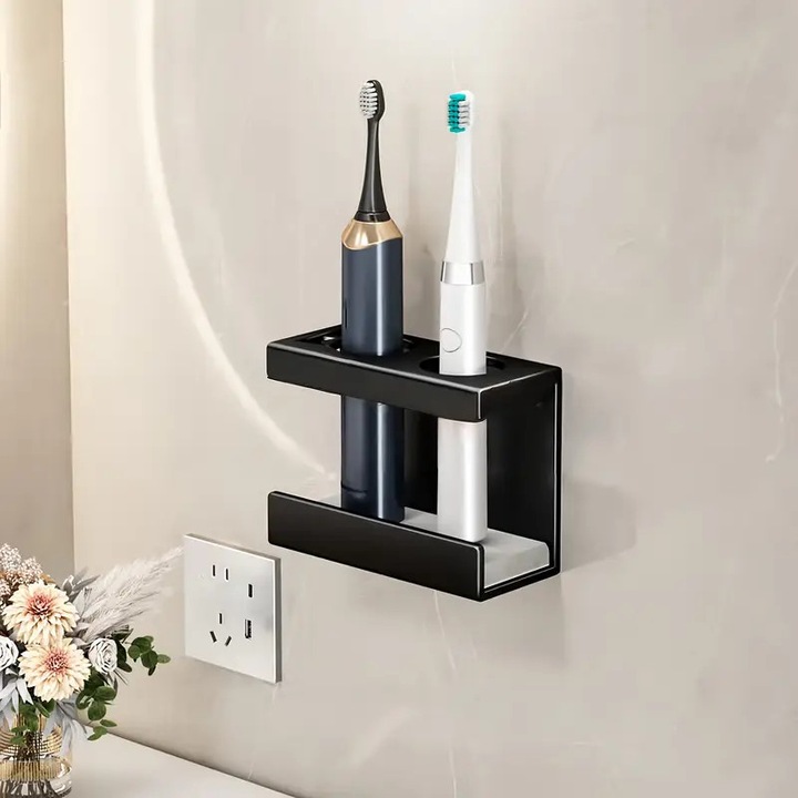 Suport pentru periute de dinti metalic dublu fata, negru, montat pe perete, design minimalist, economisire spatiu