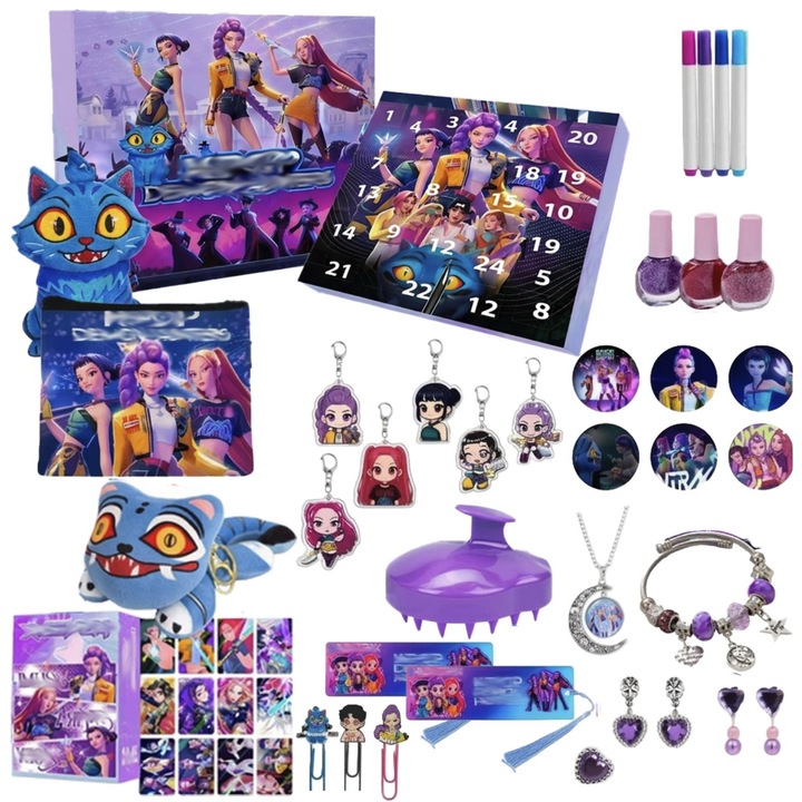 Cutie surpriza K-pop Devil Hunter, 61 Piese, Include Papusa, Portofel, Bijuterii, Stickere si Carioci, Diverse Accesorii, Copii 4 Ani+, Multicolor