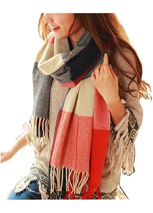 Esarfa dama extra mare, cu carouri rosii si albastre, lunga si moale, set pentru toamna si iarna