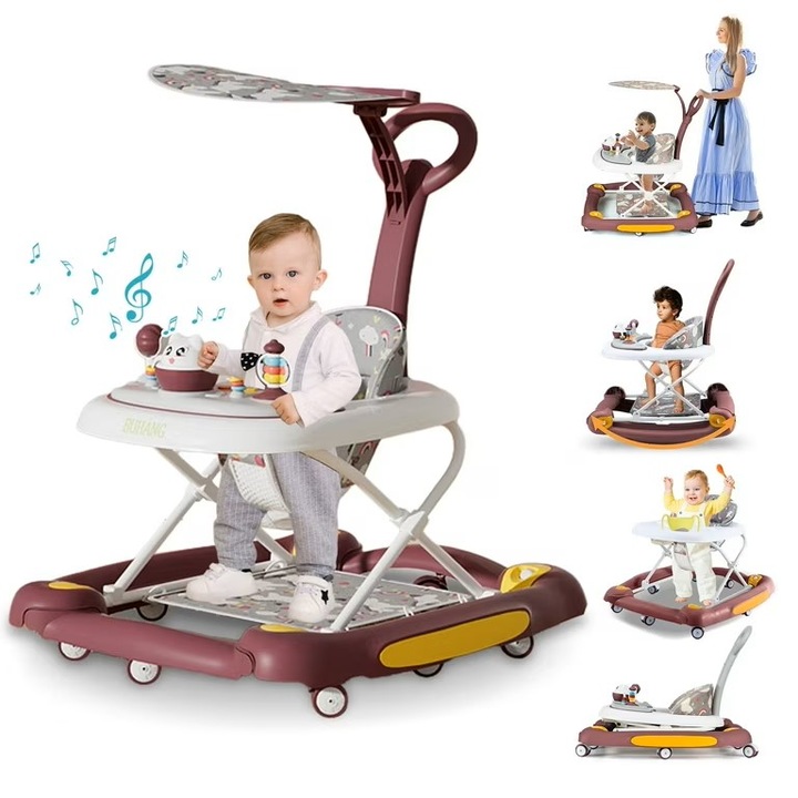 Premergator pentru bebelusi Little Mom, multifunctional cu maner parental, sistem de balansare, Muzica, roti silentioase, cu perna de sezut si copertina detasabila, dimensiune 54 x 17 x 86 cm, Red