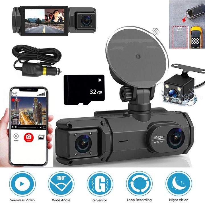 Camera auto DVR 3 canale, 1080P, 720P, 480P, Wi-Fi, monitorizare 24/7, unghi larg