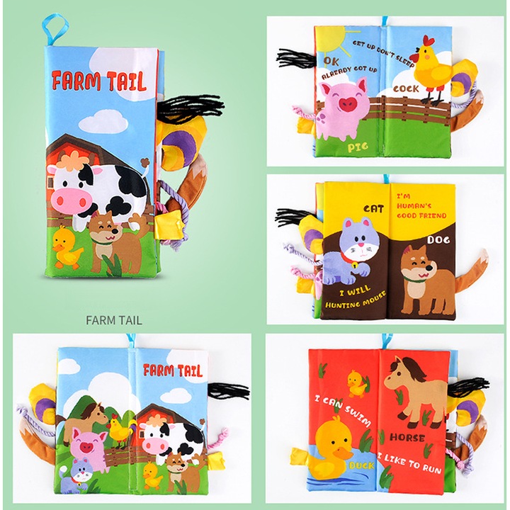 Carti interactive pentru bebelusi, set de carti din material textil, culori vii, 0-24 luni